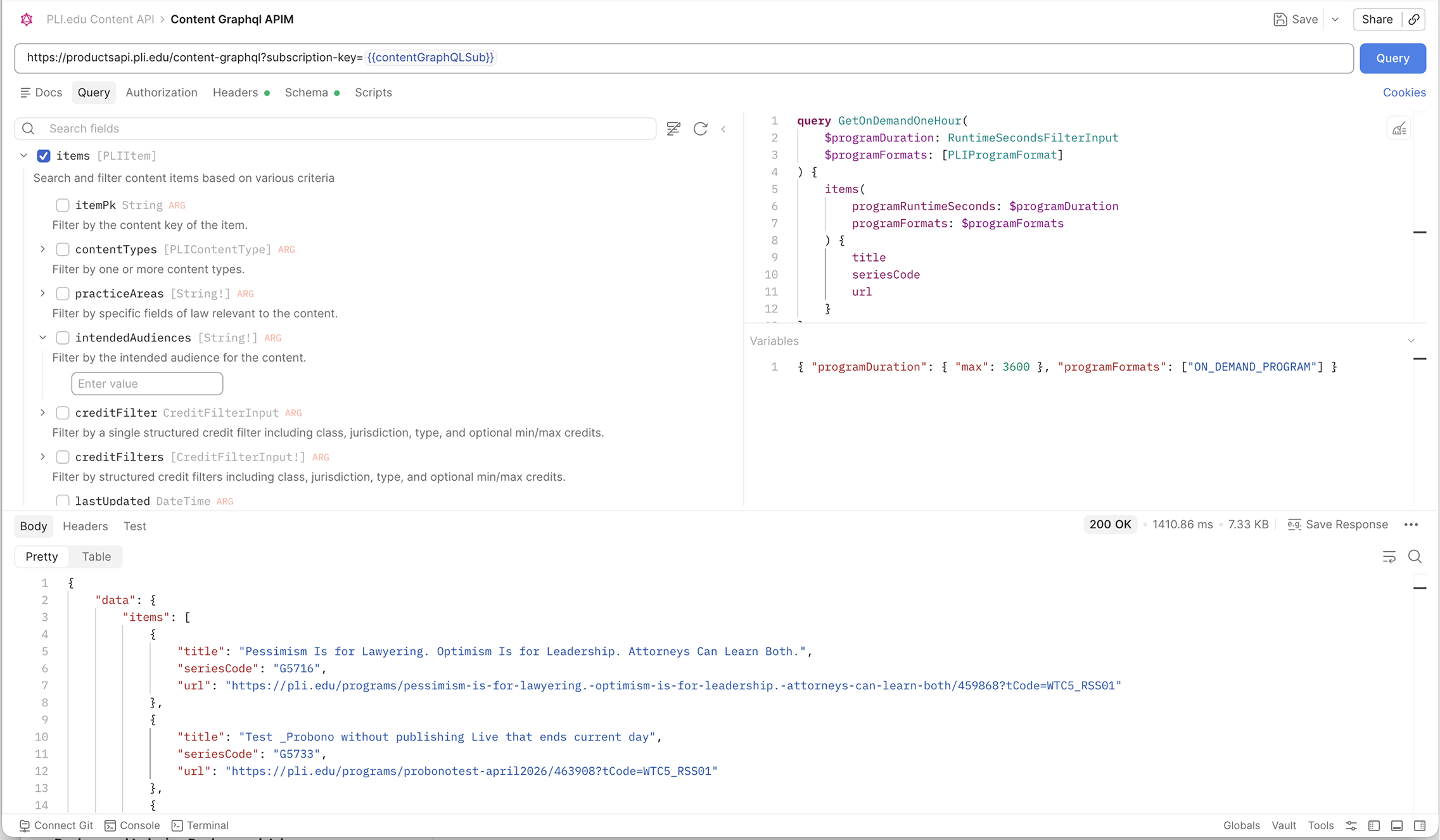 A screenshot of a GraphQL request to the content API
